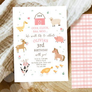 Landtiere Girl Gingham Barnyard Geburtstag Einladung