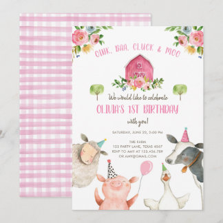 Landtiere Girl Pink Gingham Barnyard Geburtstag Einladung