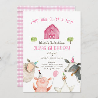 Landtiere Girl Pink Gingham Barnyard Geburtstag Einladung