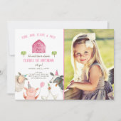 Landtiere Girl Pink Gingham Barnyard Geburtstag Einladung (Vorderseite)