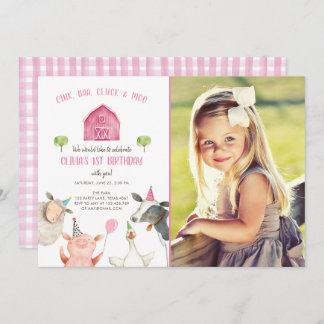 Landtiere Girl Pink Gingham Barnyard Geburtstag Einladung
