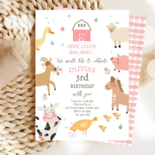Landtiere Girl Pink Gingham Barnyard Geburtstag Einladung