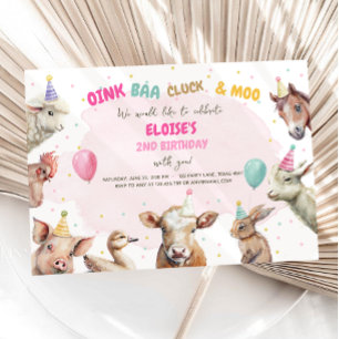 Landtiere Girl Pink Gingham Barnyard Geburtstag Einladung