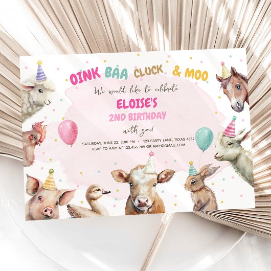 Landtiere Girl Pink Gingham Barnyard Geburtstag Einladung