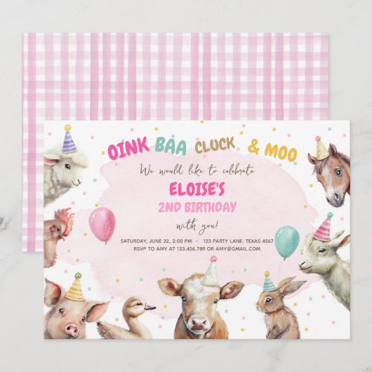 Landtiere Girl Pink Gingham Barnyard Geburtstag I Einladung (Vorne/Hinten)