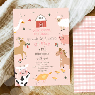 Landtiere Girl Pink Gingham Barnyard Geburtstag I Einladung