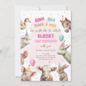 Landtiere Girl Pink Gingham Barnyard Geburtstag I Einladung (Vorderseite)
