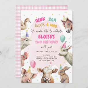 Landtiere Girl Pink Gingham Barnyard Geburtstag I Einladung