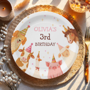 Landtiere Girl Pink Gingham Barnyard Geburtstag Pappteller