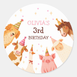 Landtiere Girl Pink Gingham Barnyard Geburtstag Runder Aufkleber