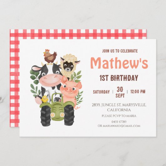 Landtiere Heilige Kuh Erster 1. Geburtstag Einladung (Vorne/Hinten)