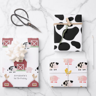 Landtiere & Kuhmuster Weißer Geburtstag Geschenkpapier Set