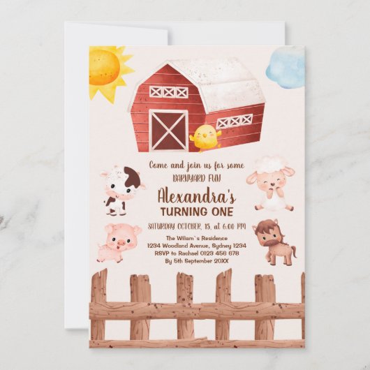 Landtiere Mädchen 1. Geburtstag Einladung (Vorderseite)