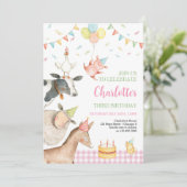 Landtiere Pink Barnyard Girl 3. Geburtstag Einladung (Stehend Vorderseite)