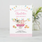 Landtiere Pink Gingham Girl Erster Geburtstag Einladung (Stehend Vorderseite)