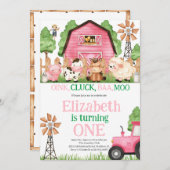 Landtiere Pink Girl Barnyard Geburtstagsparty Einladung (Vorne/Hinten)