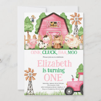 Landtiere Pink Girl Barnyard Geburtstagsparty Einladung