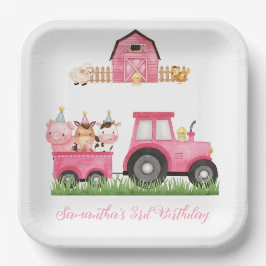 Landtiere Pink Girl Barnyard Geburtstagsparty Pappteller (Vorderseite)
