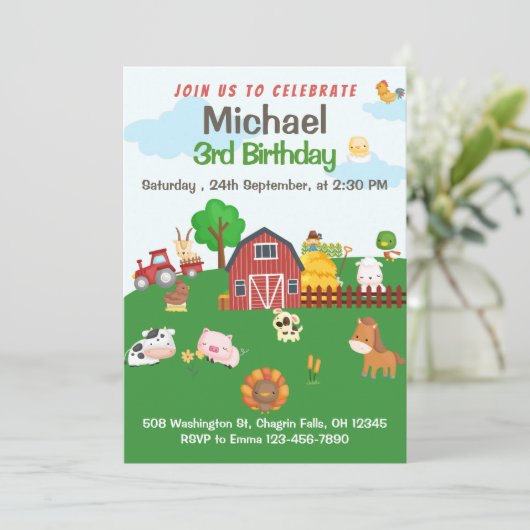 Landtiere Red Gingham Barnyard Birthday Invitat Einladung (Stehend Vorderseite)