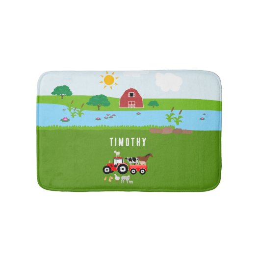 Landtiere & Red Tractor Barnyard Individuelle Name Badematte (Vorderseite)