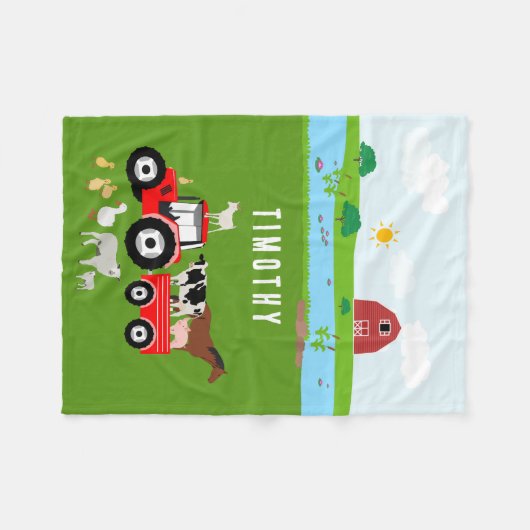 Landtiere & Red Tractor Barnyard Individuelle Name Fleecedecke (Vorderseite (Horizontal))