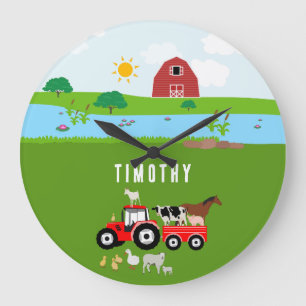 Landtiere & Red Tractor Barnyard Individuelle Name Große Wanduhr