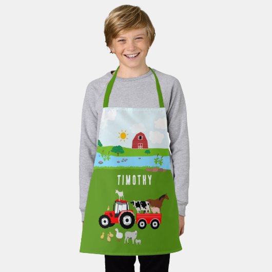 Landtiere & Red Tractor Barnyard Individuelle Name Schürze (Getragen)