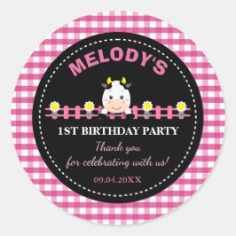 Landtiere rosa Kuh 1. Geburtstag Gastgeschenk Runder Aufkleber