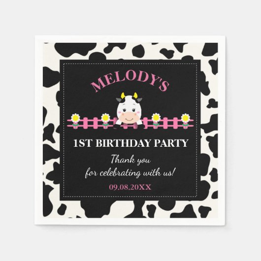 Landtiere rosa Kuh Barnyard 1. Geburtstag Party Serviette (Vorderseite)