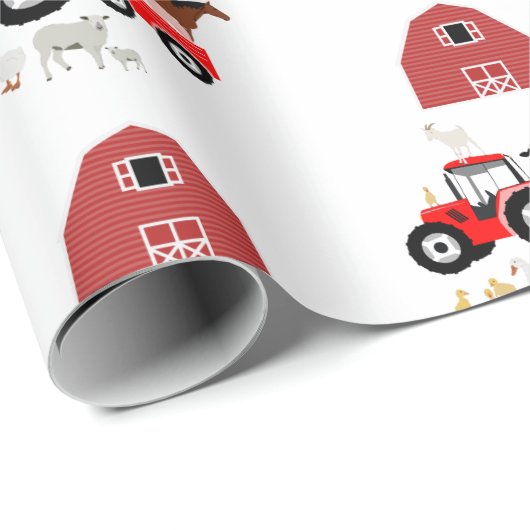 Landtiere & rote Traktor Barnyard Muster Geschenkpapier (Rolleneckpunkt)