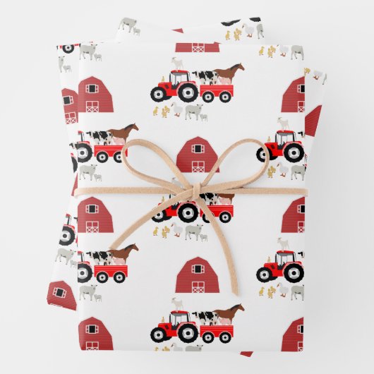 Landtiere & rote Traktor Barnyard Muster Geschenkpapier Set (Beispiel)