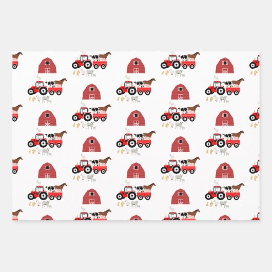 Landtiere & rote Traktor Barnyard Muster Geschenkpapier Set (Vorderseite)