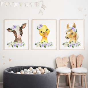 Landtiere, Stall, violette Blumen, neutrale Geschl Bilderwand Sets