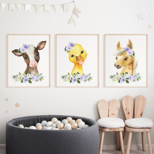 Landtiere, Stall, violette Blumen, neutrale Geschl Bilderwand Sets
