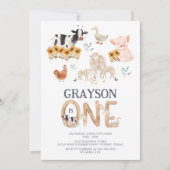 Landtiere Wasserfarbe Moderne 1. Geburtstag Einladung (Vorderseite)