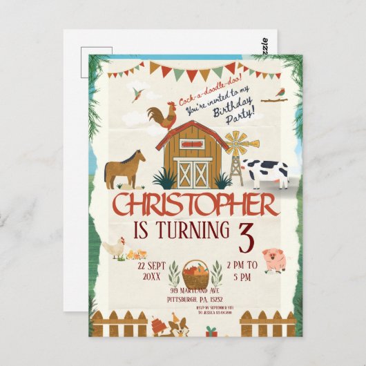 Landtiere Wasserfarbe Moderne 1. Geburtstag Postkarte (Vorne/Hinten)