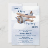 Landung bald Blue Boy Airplane Baby Dusche Einladung (Vorderseite)