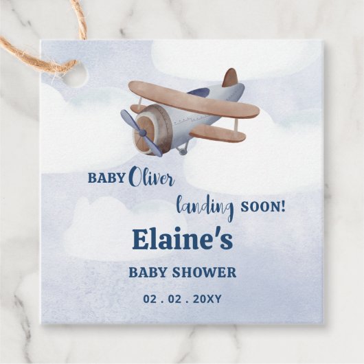Landung bald Blue Boy Airplane Baby Dusche Geschenkanhänger (Vorderseite)