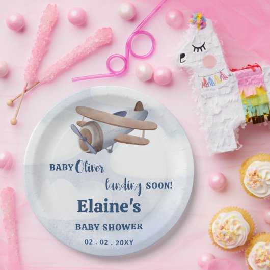 Landung bald Blue Boy Airplane Baby Dusche Pappteller (Party)