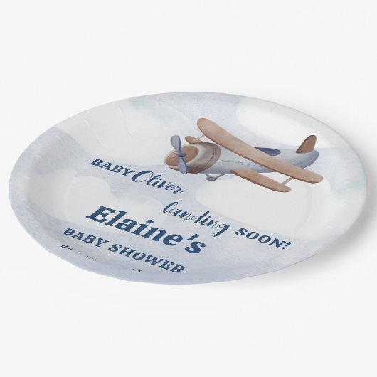Landung bald Blue Boy Airplane Baby Dusche Pappteller (Schrägansicht)