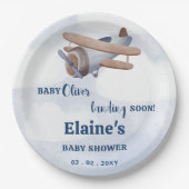 Landung bald Blue Boy Airplane Baby Dusche Pappteller (Vorderseite)