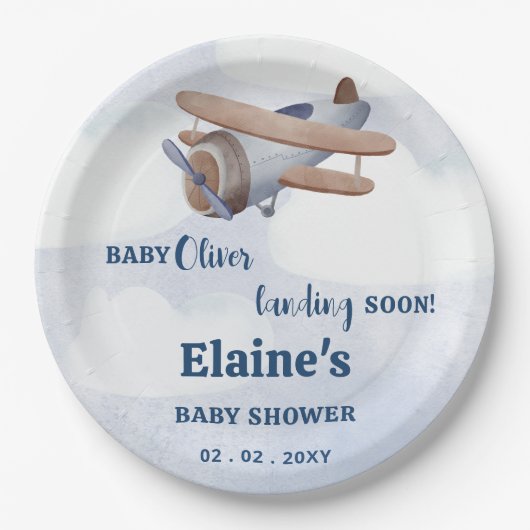Landung bald Blue Boy Airplane Baby Dusche Pappteller (Vorderseite)