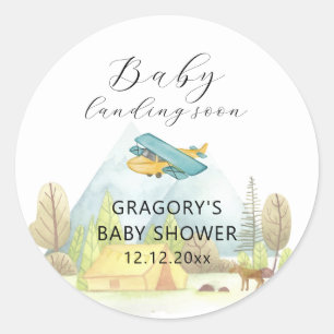 Landung bald Vintage-Flugzeug Wald Baby Shower Runder Aufkleber