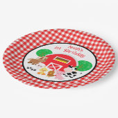 Landwirtschaftlich inspirierte rote Gingham-Geburt Pappteller (Schrägansicht)