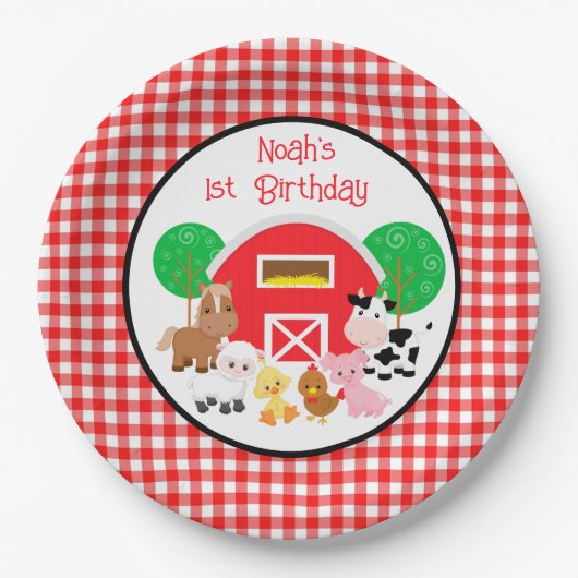 Landwirtschaftlich inspirierte rote Gingham-Geburt Pappteller (Vorderseite)