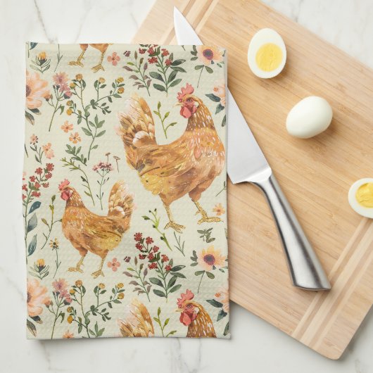 Landwirtschaftliche Hühner Florals Geschirrtuch (Viertel Falte)