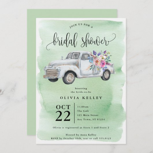 Landwirtschaftlicher LKW mit Blume, Aquarellfarben Einladung (Vorne/Hinten)