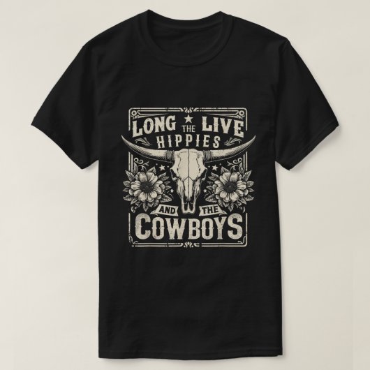 Lang lebe die Hippies und Cowboys Land T-Shirt (Design vorne)