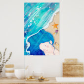 Lange blauhaarige Engel schlafen am Strand Poster (Küche)
