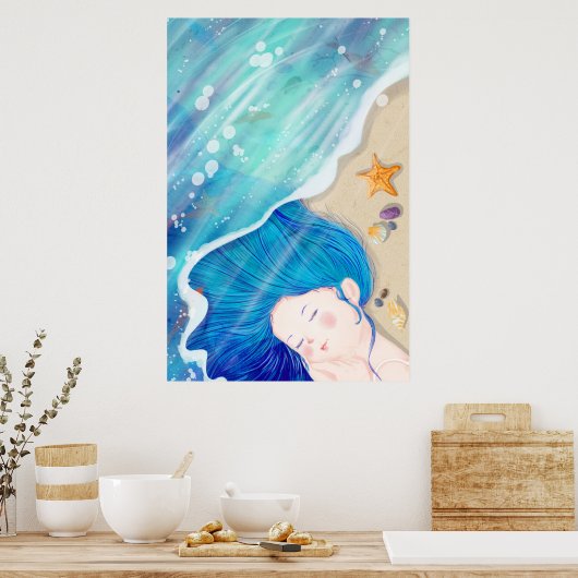 Lange blauhaarige Engel schlafen am Strand Poster (Küche)